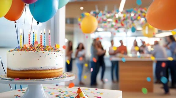 A lit birthday cake with colorful sprinkles, balloons, and confetti at an office celebration with coworkers blurred in the background.