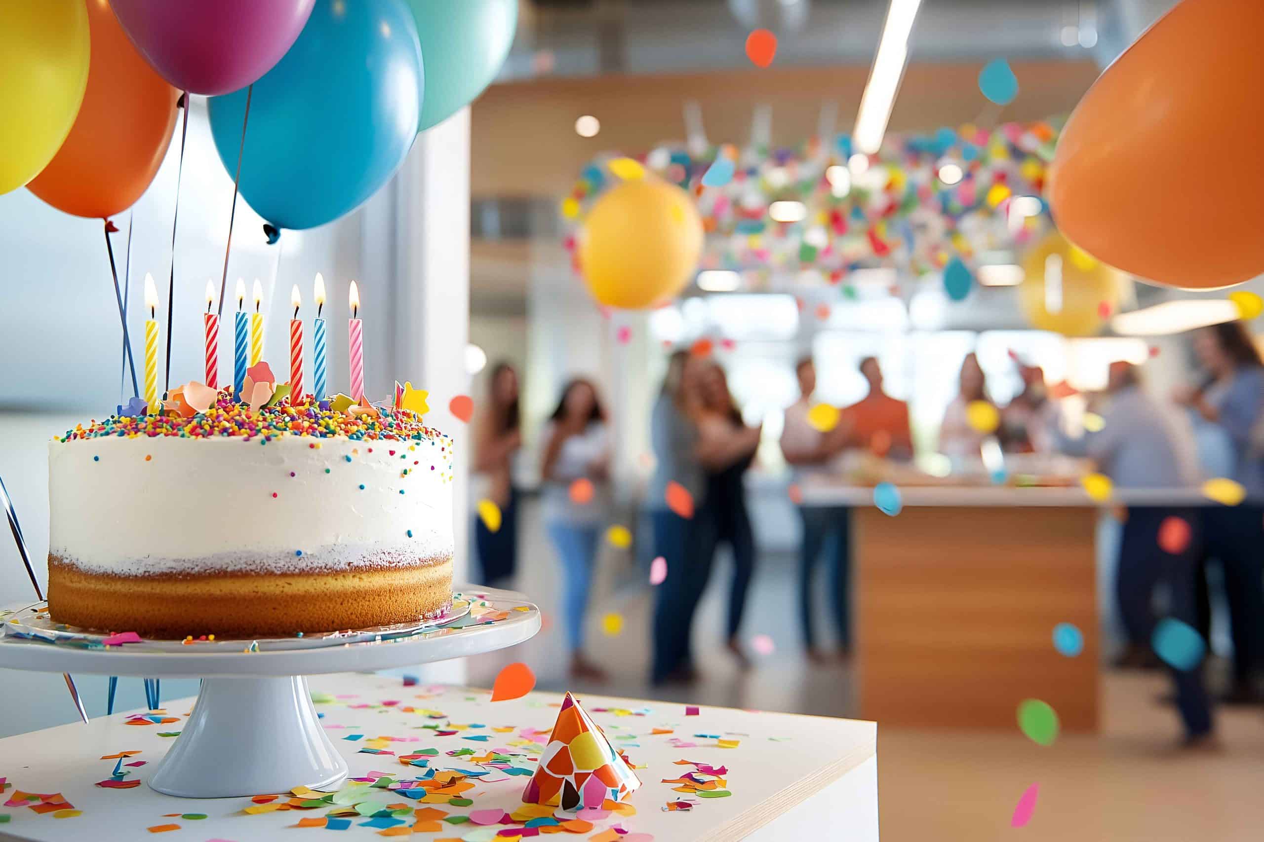 A lit birthday cake with colorful sprinkles, balloons, and confetti at an office celebration with coworkers blurred in the background.