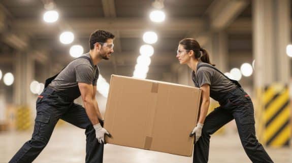 Workers lifting a heavy box safely in a warehouse as part of a return-to-work and light-duty workplace safety program