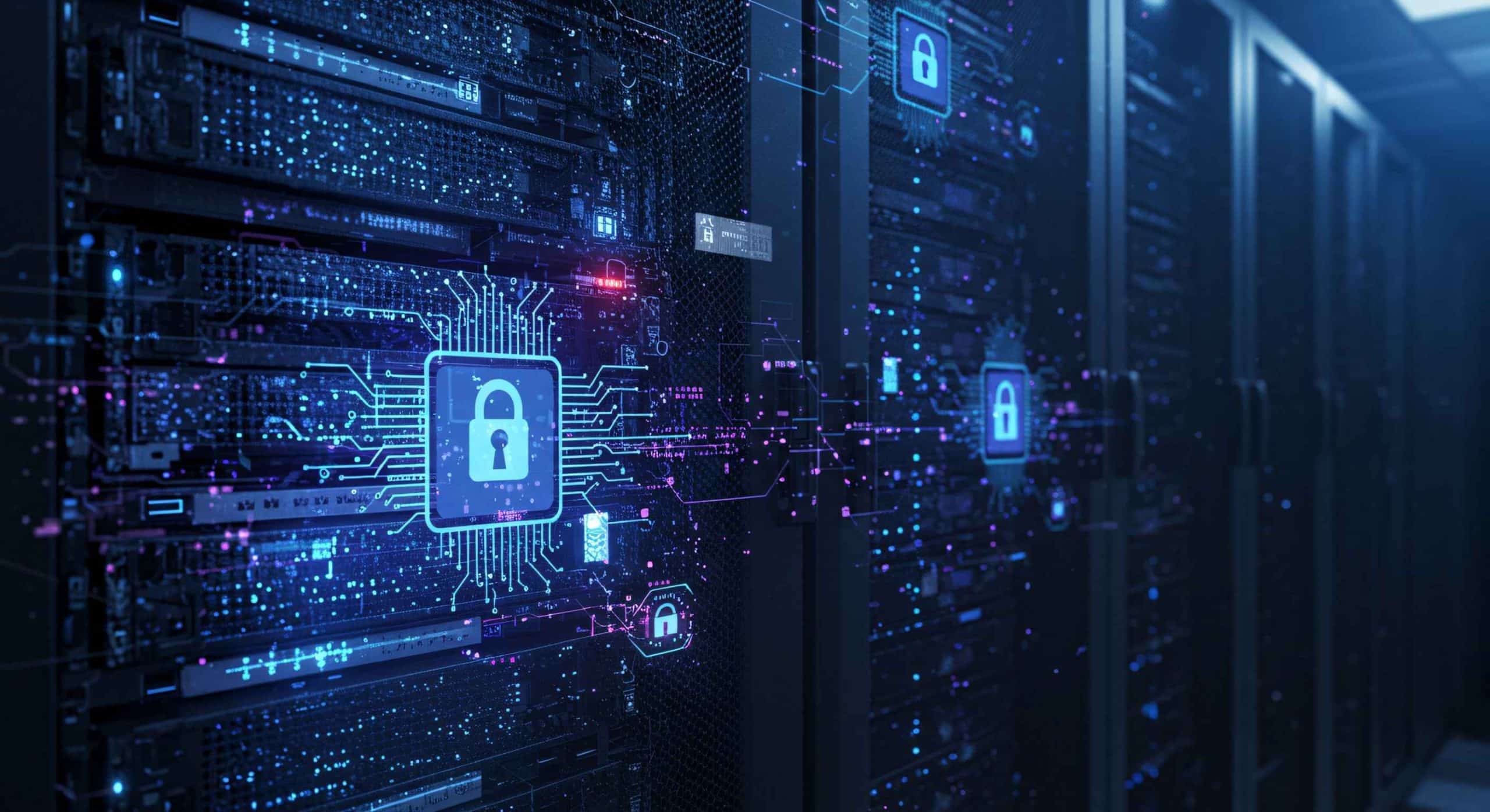 Digital data center with glowing cybersecurity lock icons and circuit-style security graphics symbolizing encrypted networks and data protection.