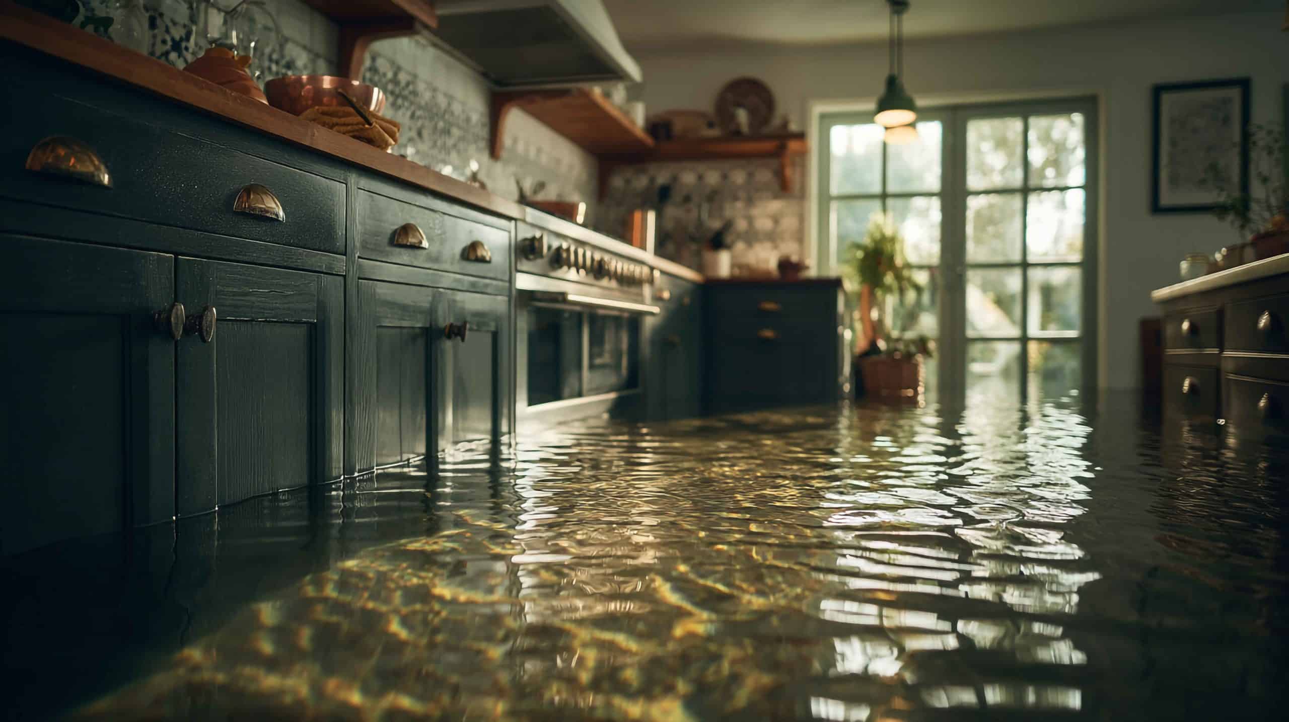 Flooded modern kitchen with dark teal cabinets and water covering the floor, illustrating residential water damage and the need for emergency restoration services.