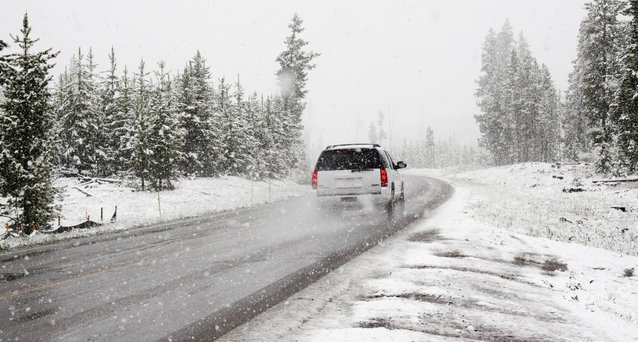 A white SUV driving on a wet, winding road through a snow-covered pine forest during a winter snowstorm.
