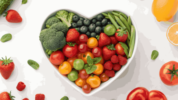 Heart-shaped bowl filled with fresh fruits and vegetables including broccoli, strawberries, blueberries and cherry tomatoes promoting heart-healthy eating