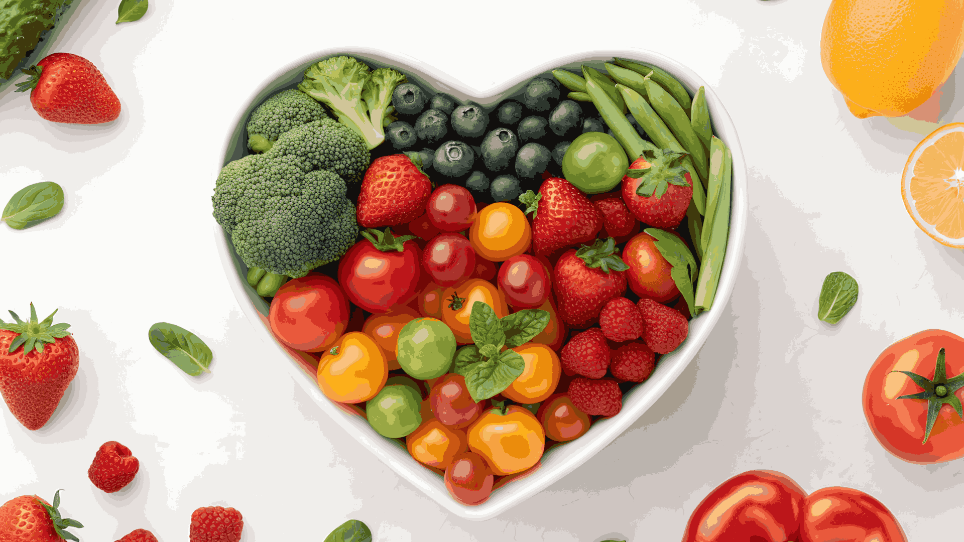 Heart-shaped bowl filled with fresh fruits and vegetables including broccoli, strawberries, blueberries and cherry tomatoes promoting heart-healthy eating