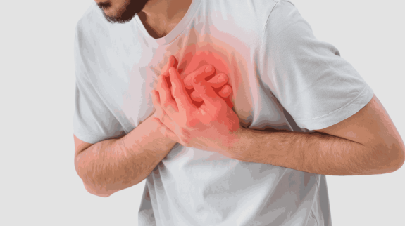 Man holding chest in pain with red highlighted area indicating possible heart attack or cardiac emergency symptoms