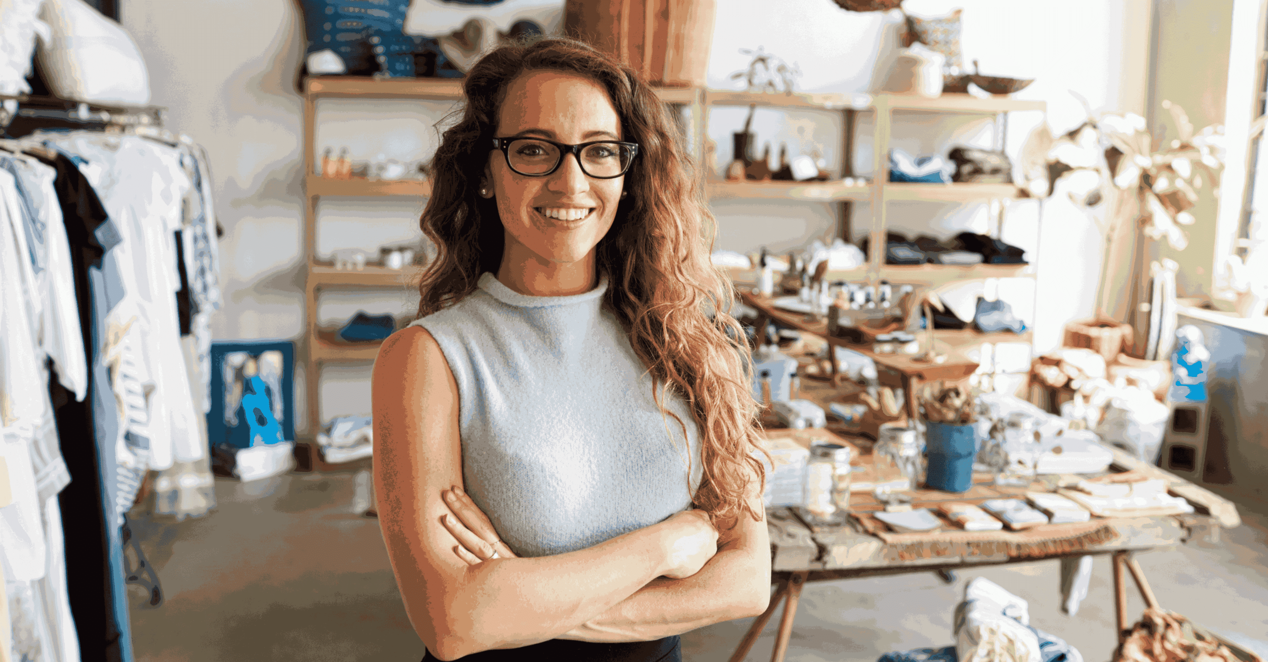 Female small business owner standing in a handmade craft studio surrounded by artisan products and creative workspace materials.