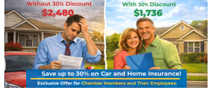 GNCC insurance discount comparison showing $2480 without discount vs $1736 with 30 percent savings on car and home insurance