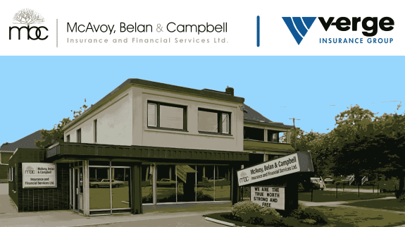 Exterior photo of McAvoy Belan & Campbell MBC Insurance office building in Port Colborne Ontario Canada, featuring Verge Insurance Group logo, MBC signage, and "We Are The True North Free" sign against blue sky and greenery.