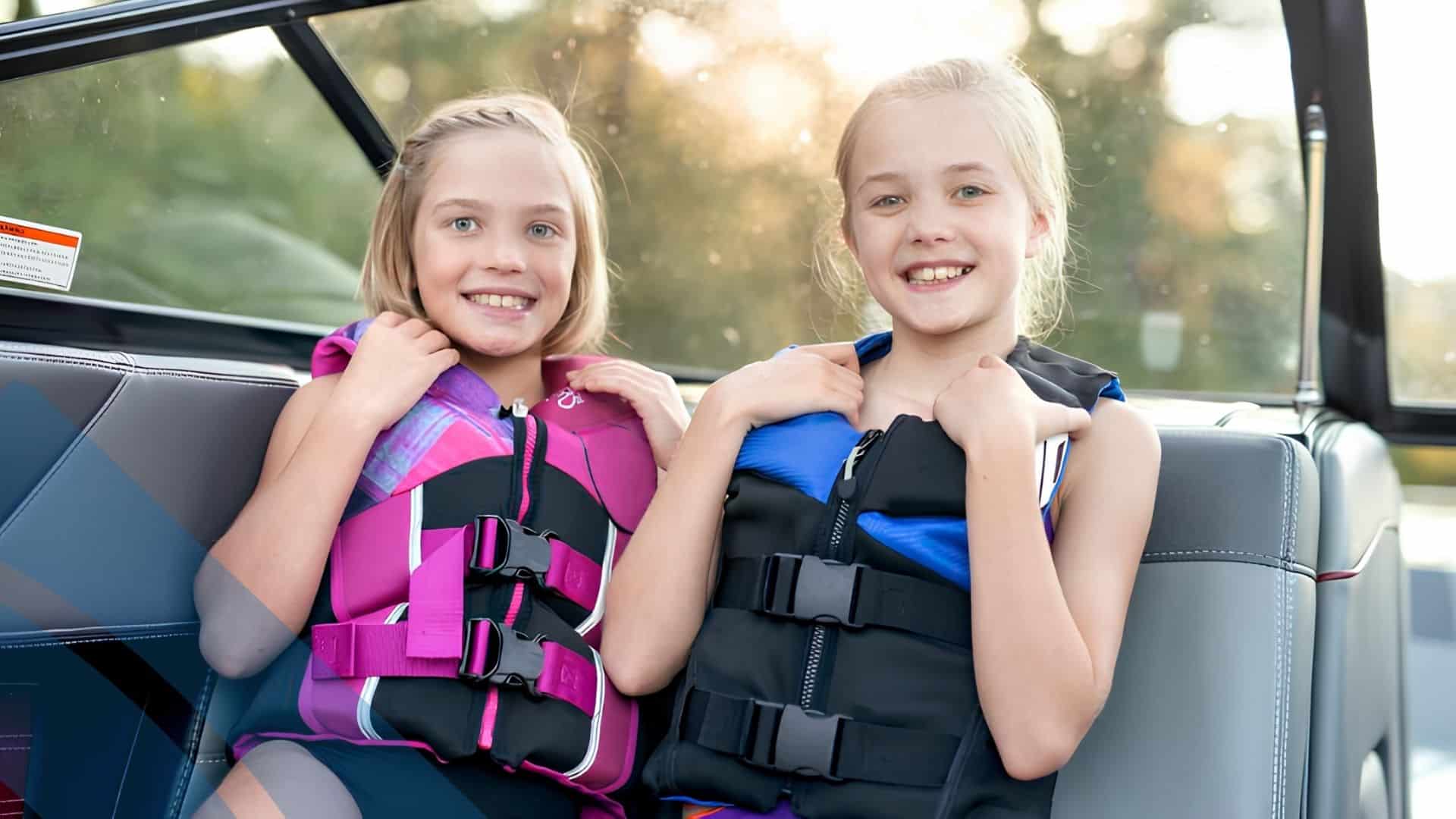 Two passengers seated on a recreational boat wearing secured life jackets, demonstrating essential boating safety practices.