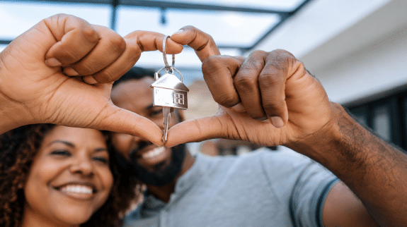 New homeowners holding house keys in a heart shape, celebrating the purchase of their first home