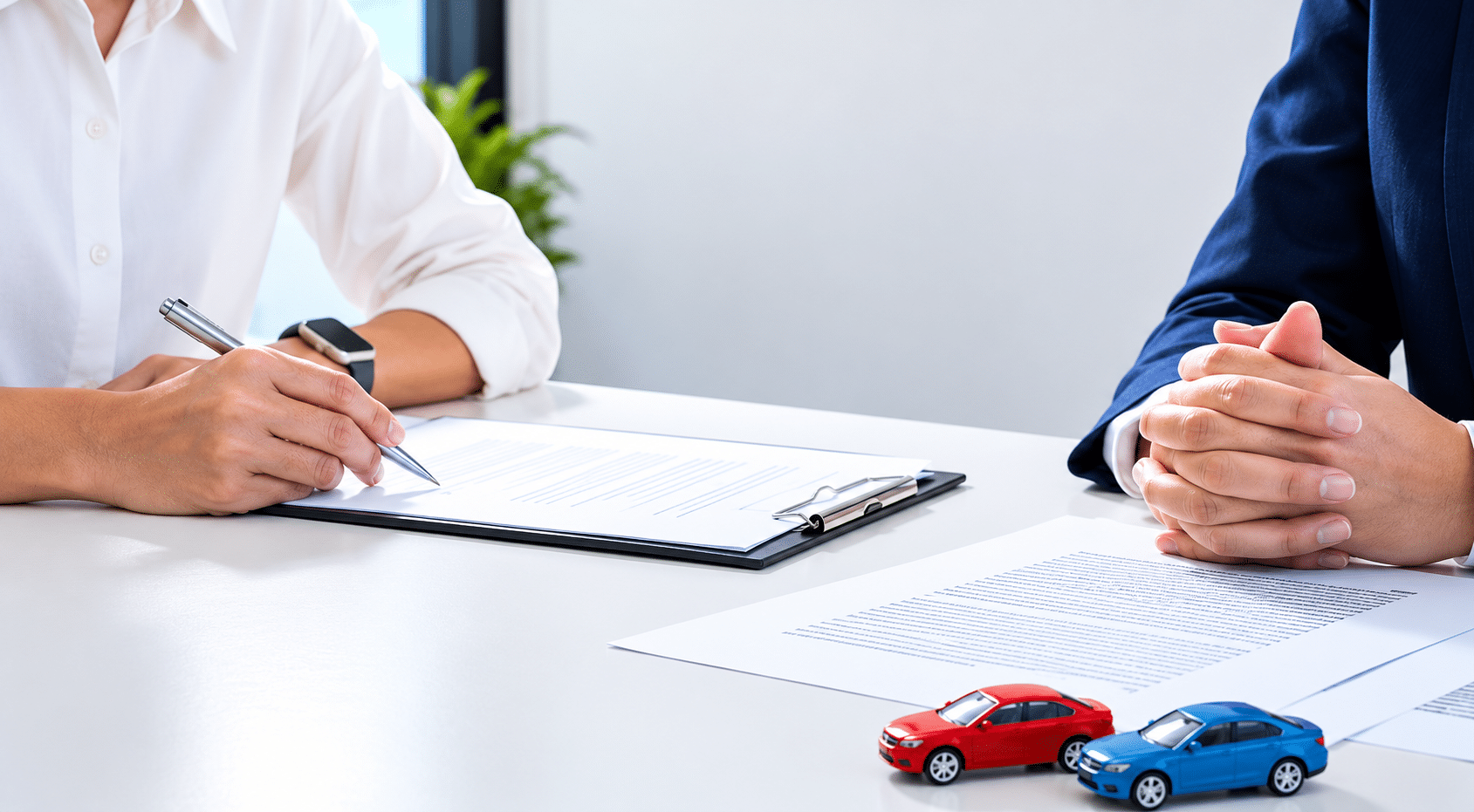 Insurance policy review meeting with miniature cars on a desk, illustrating how to read and understand auto insurance coverage and policy details.