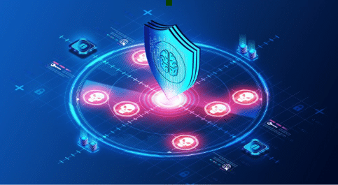 Illustration of Zero Trust cybersecurity showing a digital security shield connected to multiple user identities on a blue network interface, representing continuous authentication, access control, and cyber threat protection.